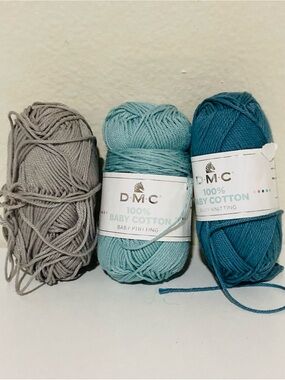 DMC 100% Baby Cotton Yarn Trio - Grey, Teal, Teal Blue 48g+ each
